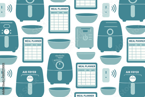 Meal planning and cooking tools arranged in a repeated pattern for kitchen use and organization