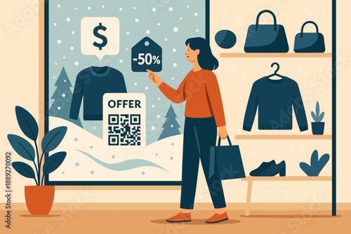 Woman looks at sale sign in store window during winter shopping