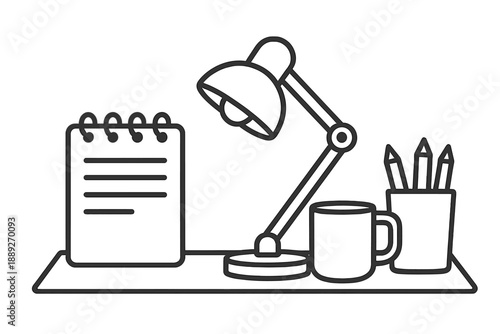 Workspace with desk lamp, notepad, mug, and pencil holder during daytime