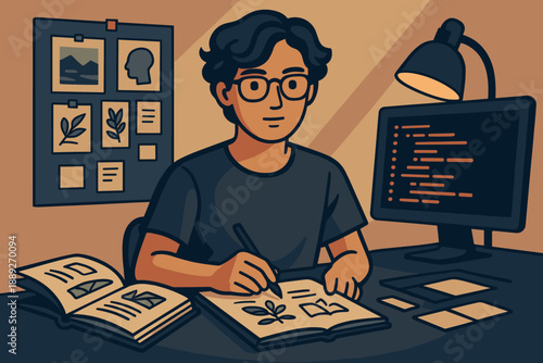 Student studies design concepts at desk with books and computer during evening hours