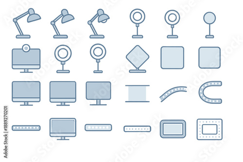 Collection of line drawings showing various desk accessories and devices commonly used in office settings or home workspaces