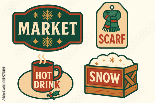 Winter market display with hot drink, scarf, and snow in a festive setting during holiday season