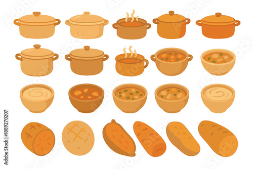 Different types of pots and bowls with various soups and stews arranged in a neat layout on a white background