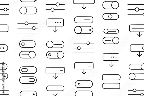 Collection of simple user interface icons showing buttons sliders and dropdown menus on a white background for design purposes