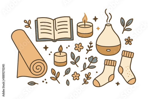 Gathering items for a cozy day at home with a book, candles, essential oils, and a yoga mat