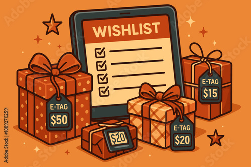 Colorful gifts surround a digital wishlist showing check marks for items on a holiday shopping list