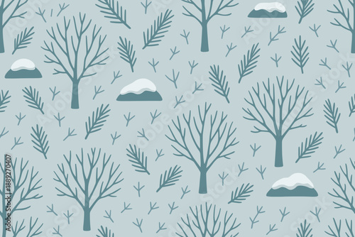 Winter scene with trees, snow, and greenery on a light blue background during a cold season showing nature's quiet patterns