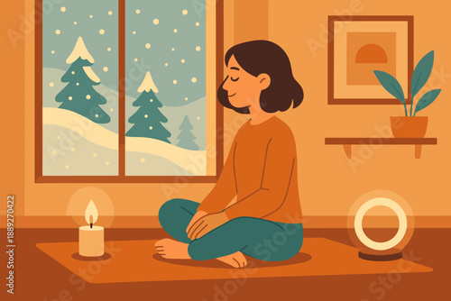 Woman practices meditation in a cozy room during winter with snow and trees outside the window