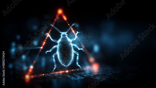 A glowing digital bug inside a warning triangle representing malware infection and cyber threat detection.
