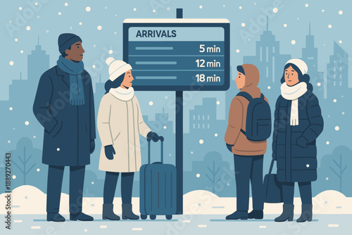 People wait at an arrivals board during winter in a city with snowy weather
