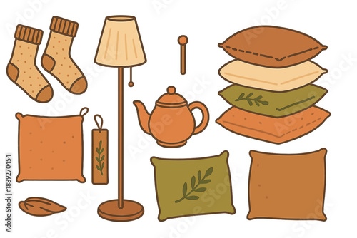 Cozy items for a warm living space with pillows, tea set, lamp, and socks for enjoying leisure time indoors