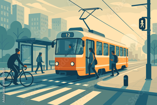 People walk and cycle near tram line in a city during the afternoon with buildings in the background and traffic signals visible