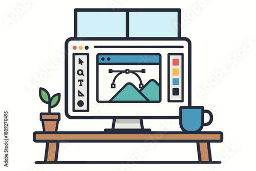 Design workspace with computer displaying graphic editing software and a plant on the desk