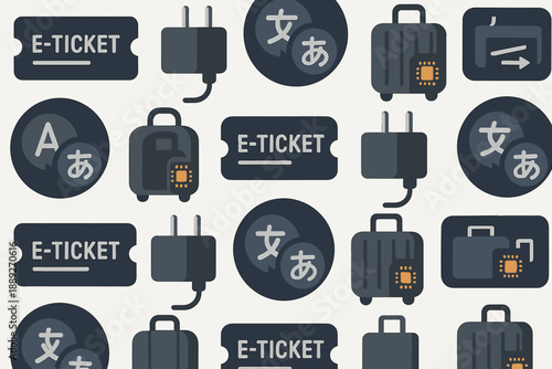 Patterns of e-tickets, luggage, and power adapters in a simple design for travel and technology themes