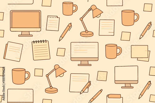 Desktop workspace items arranged on a light background with computers, mugs, lamps, and stationery scattered