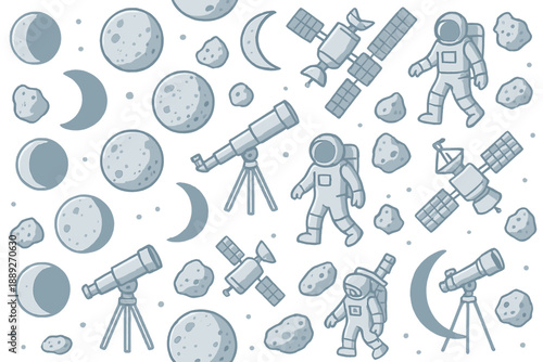 Exploration of space with astronauts, telescopes, and celestial objects in a patterned design