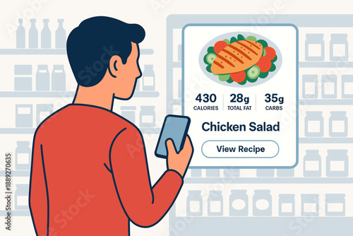 Person looks at digital recipe for chicken salad in grocery store during midday