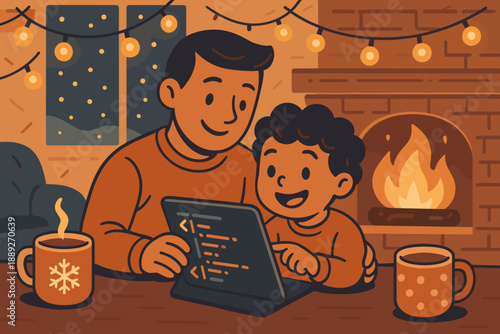 Father and son enjoy time together while watching a screen by the fireplace with warm drinks in a cozy room during winter