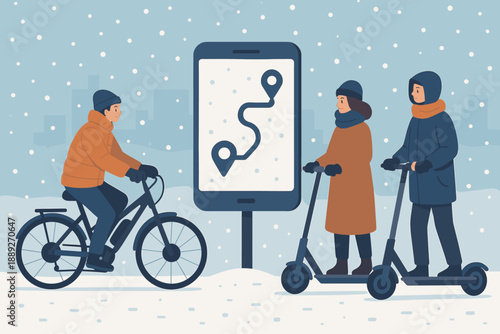 Winter city scene with a man on a bicycle and two people on scooters looking at a map during snowy weather