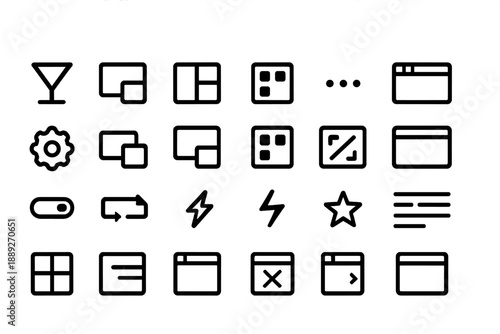 Icons showing different user interface elements for web design and app development in black and white format