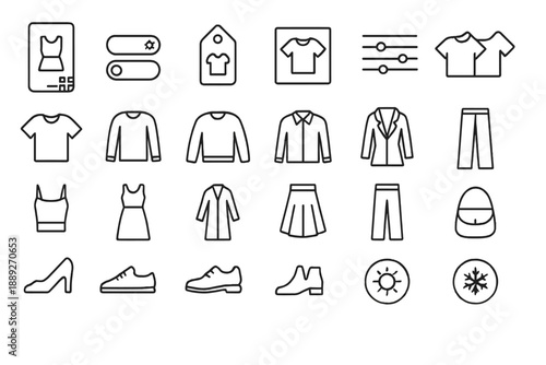 Icons showing different types of clothing, shoes, and accessories in a simple design for fashion-related use