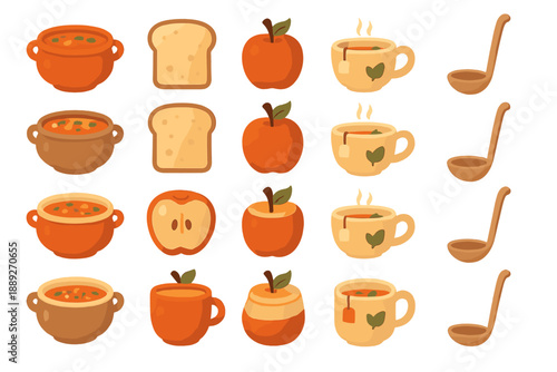 Colorful food and drink items displayed in a simple layout with soup, apples, bread, and cups arranged on a white background