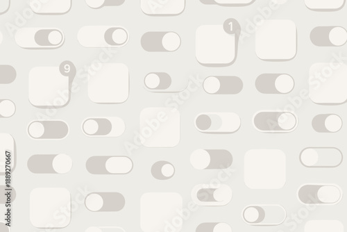 Design of various toggle switches and buttons in different shapes on a light background for user interface development
