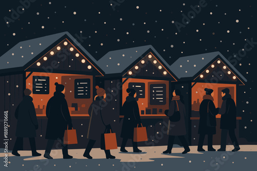 People walking by holiday market stalls in a snowy night scene with lights and decorations in the background