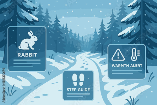 Snowy path with guide signs about a rabbit and warmth alert during winter season in a forested area