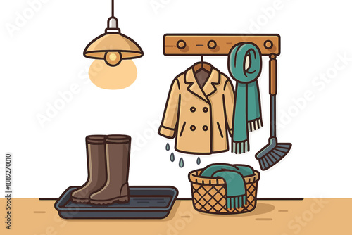 Rainy day gear is ready in a warm entryway with boots and a coat