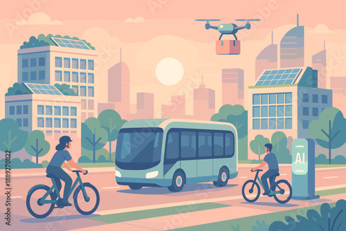 People ride bicycles near a bus while a drone delivers a package in a city during sunset