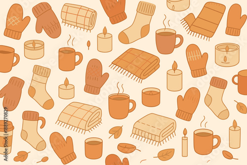 Cozy items for winter gatherings with blankets, mugs, candles, and mittens on a light background