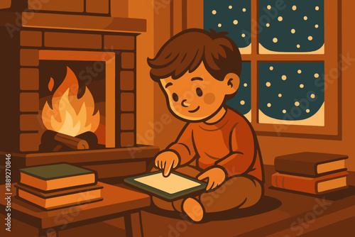 Child sits by the fire using a tablet while snow falls outside a cozy room