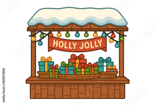 Holiday market stall displays gifts in colorful boxes with a sign above saying Holly Jolly