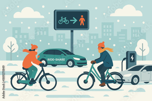 Winter bikers share the road while an electric car waits at a charging station in a city setting