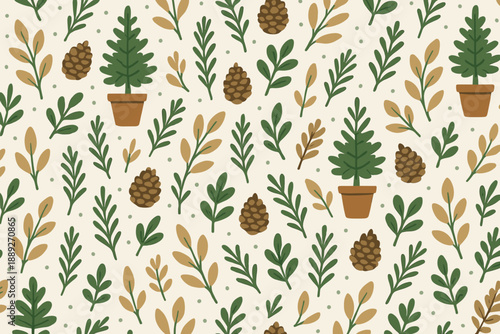 Decorative pattern with plants, pots, and cones in green and brown colors on a light background during daytime