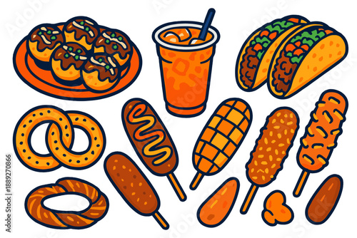 Different types of fast food and snacks on a white background with some beverages and toppings displayed