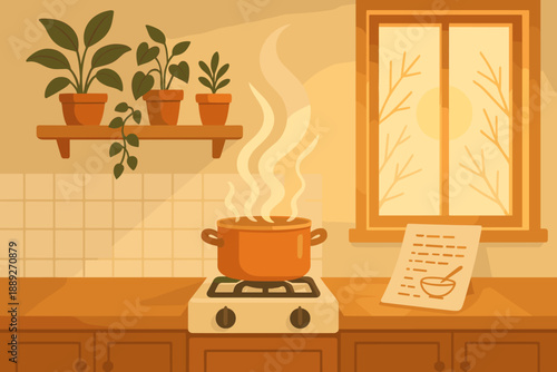 Cooking in a sunny kitchen with plants and a simmering pot on the stove in the late afternoon