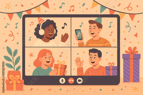 Group of friends celebrating a birthday together through a video call with gifts and music on a festive background in a fun online setting