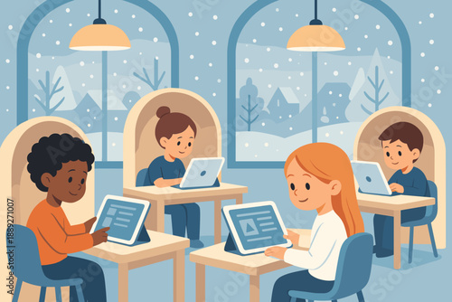 Students work on tablets in a classroom with snowy scenery outside during winter season