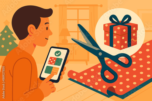 Choosing wrapping paper while planning for a gift in a warm, cozy indoor setting during a festive season