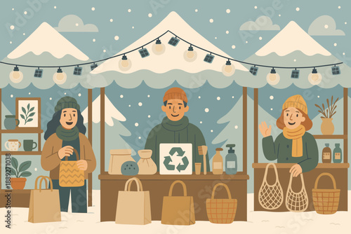 Winter market scene with vendors and visitors in a snowy outdoor setting during daytime