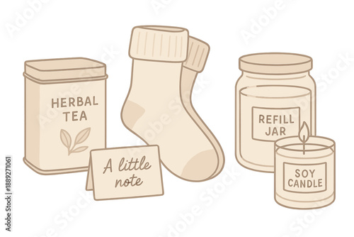 Cozy indoor scene with herbal tea, a note, a pair of socks, a refill jar, and a soy candle on a table