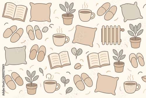 Cozy indoor scene with plants, hot drinks, and soft items during a quiet time