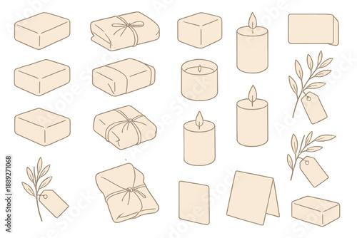 Many simple gift items and candles are shown in a clean design with no colors and simple lines on white background
