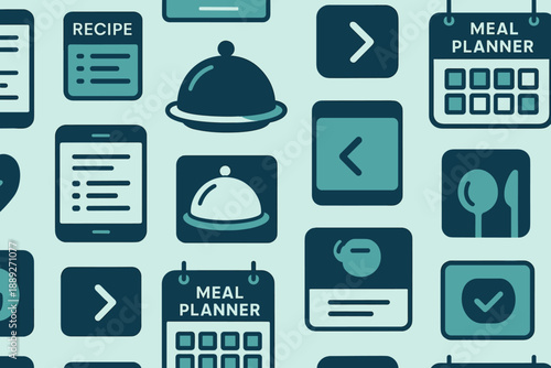 Cooking tools and meal planning icons shown on a blue background for easy organization of recipes and meal ideas