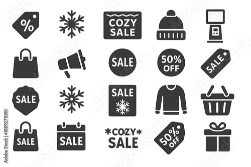 Holiday sale signs and shopping symbols in black with winter themes and discount tags for retail marketing promotions