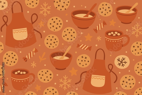 Warm drinks and cookies pattern with aprons, bowls, and candies for winter holiday season