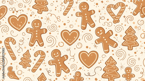 Festive seamless pattern of gingerbread cookies, including men, hearts, trees, and candy canes on a light beige background.