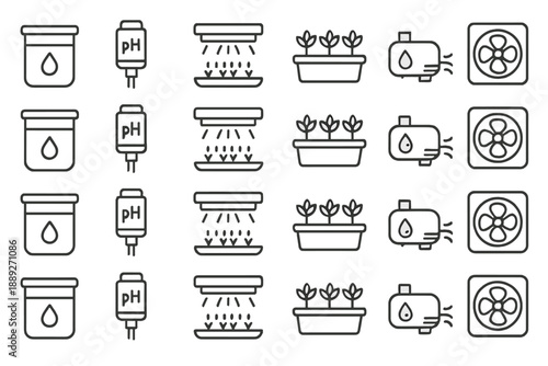 Different tools and setups for plant care in a simple hydroponic system with pH testing and lighting